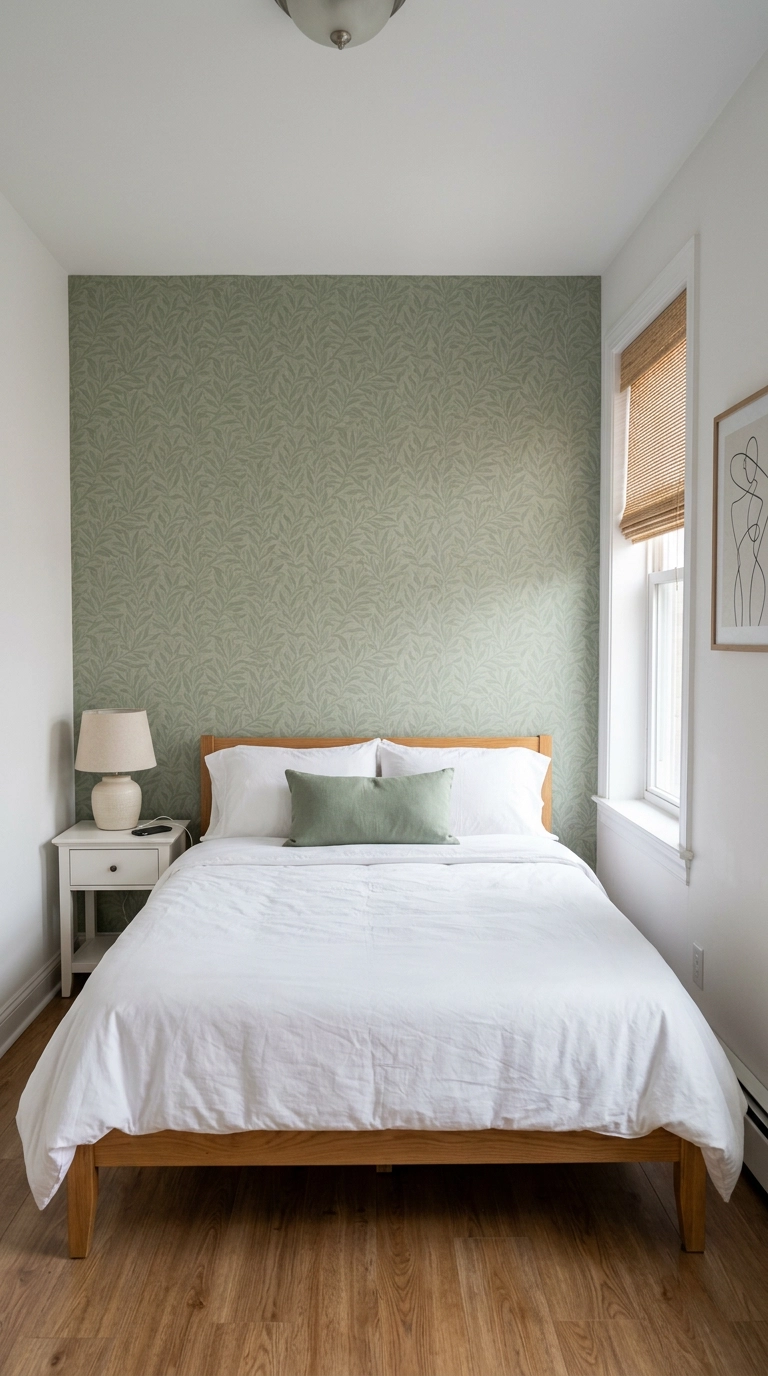 Rental bedroom with a sage green peel-and-stick wallpaper accent wall
