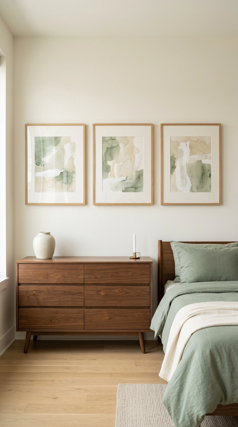 Row of abstract sage green and cream artworks above a walnut dresser