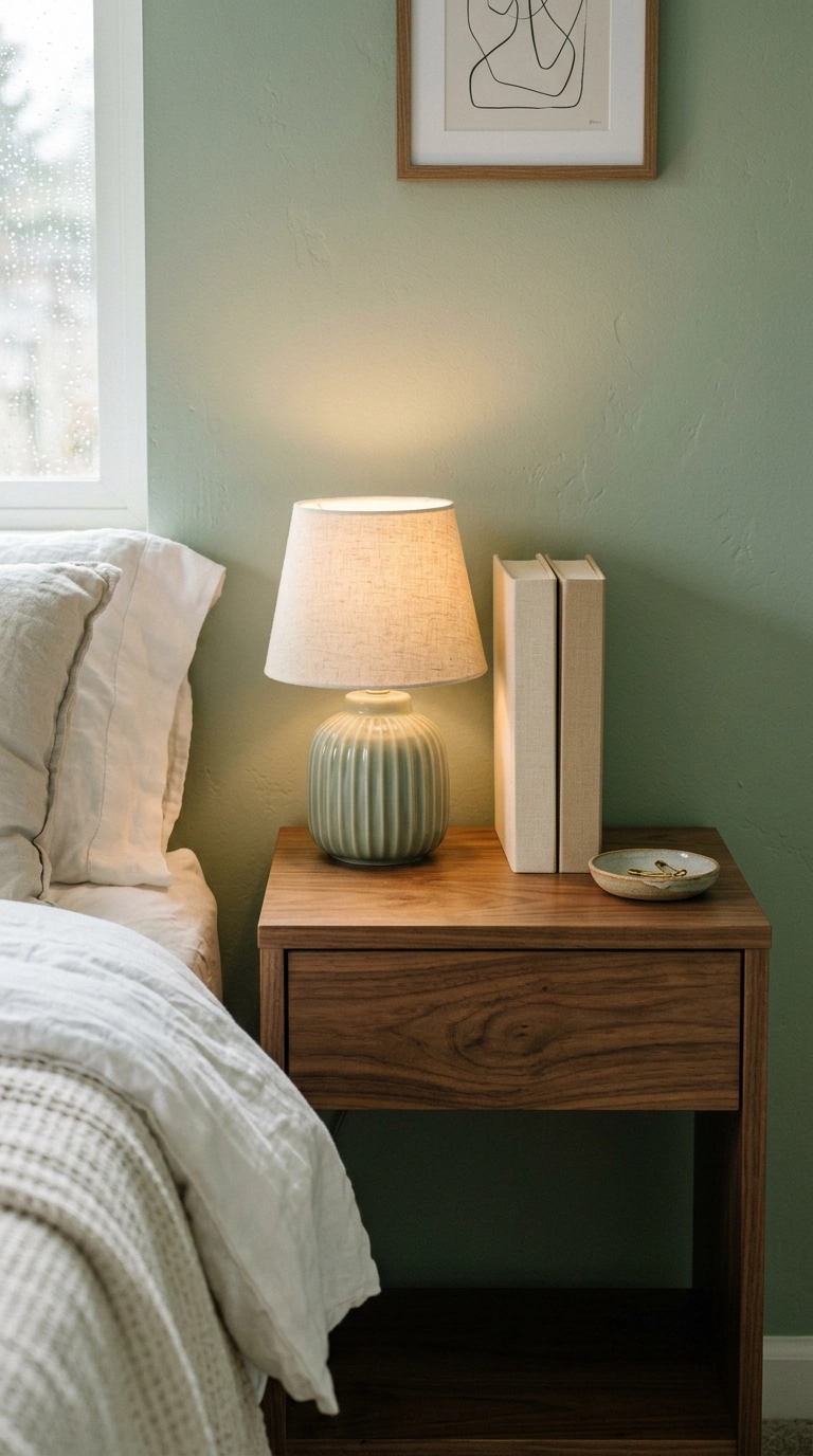 Sage green ceramic lamp and books styled on a walnut nightstand
