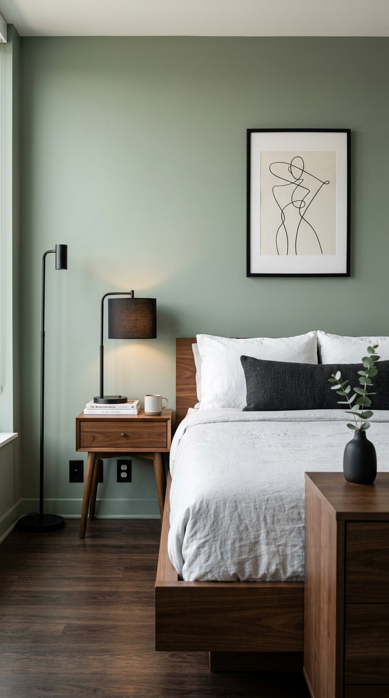 Sage green bedroom with matte black lamp, frame, and floor lamp accents