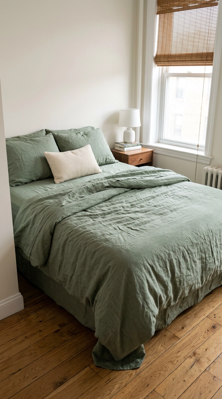 Sage green linen bedding on a white-walled rental bedroom bed