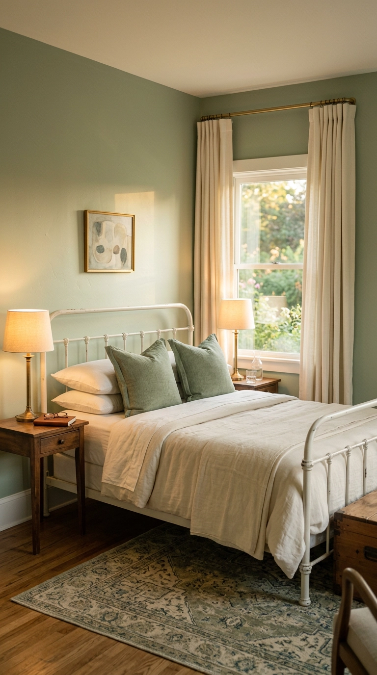 Sage green bedroom with cream linen curtains and unlacquered brass lamps