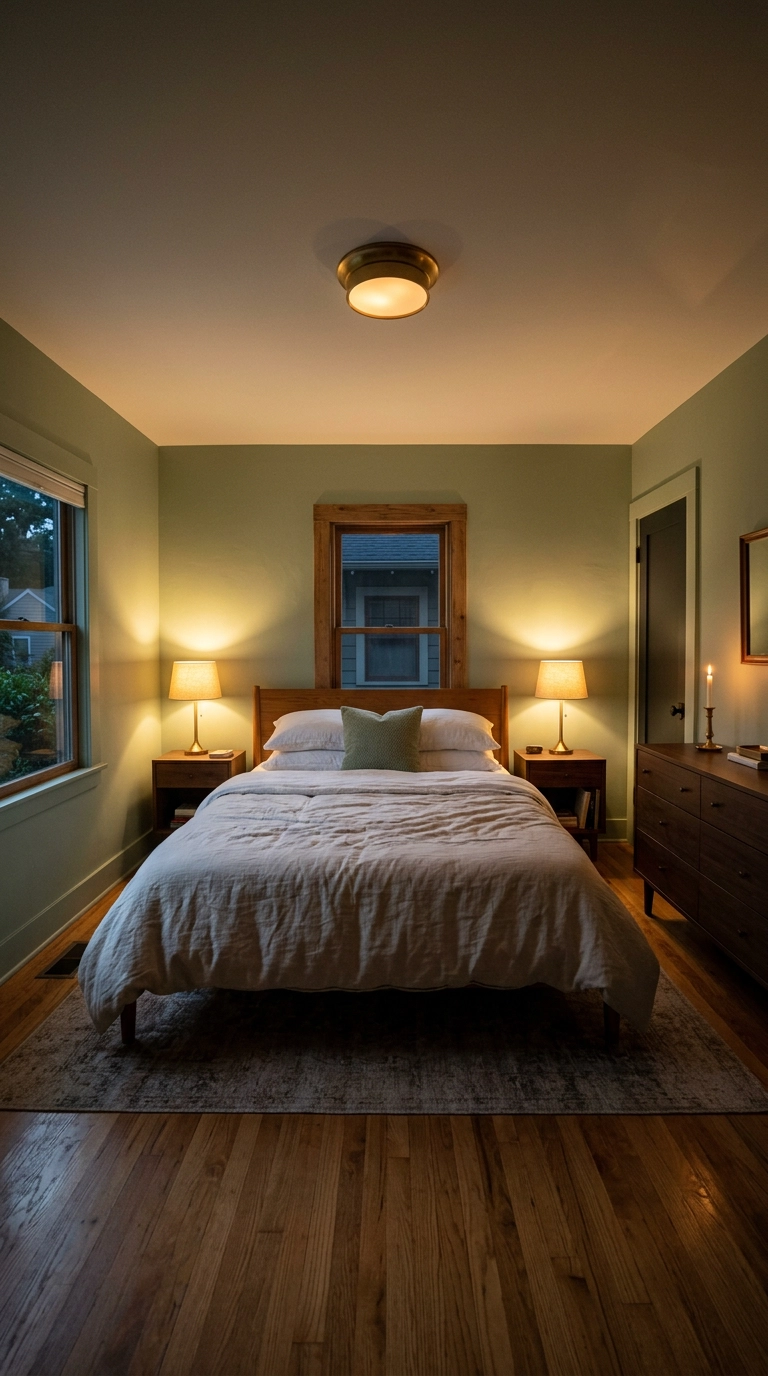 Sage green bedroom glowing warm at dusk with bedside lamps