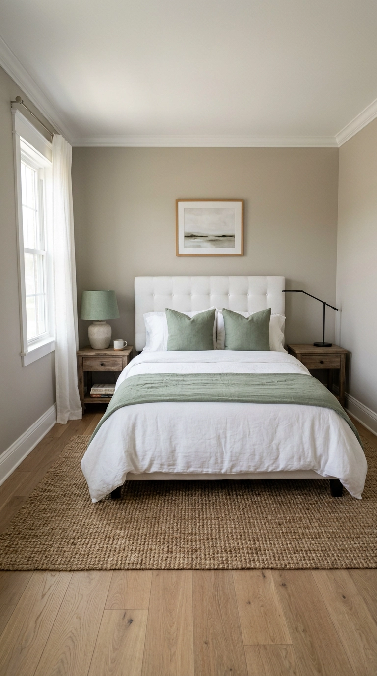 White bedroom with sage green throw, pillowcases, and lampshade accents