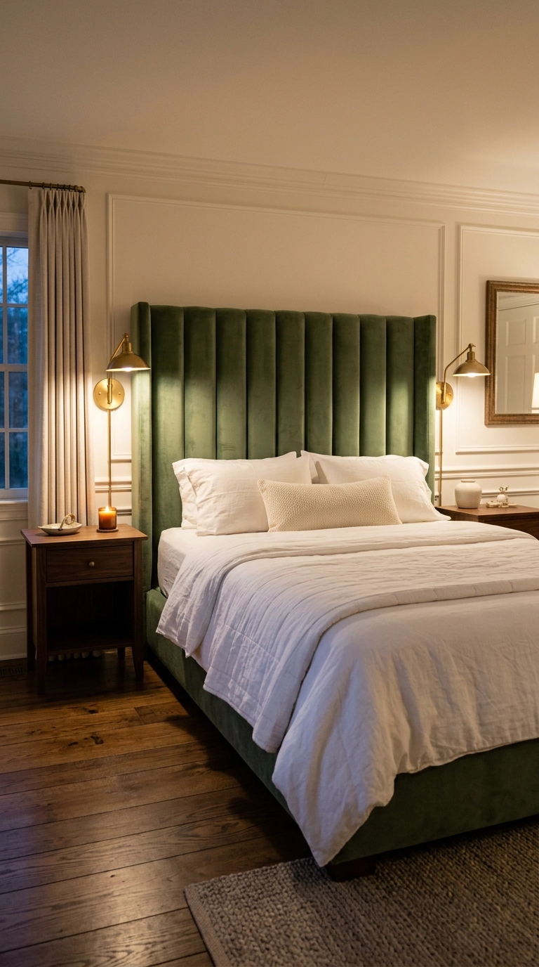 Tall sage green velvet upholstered headboard with brass sconces