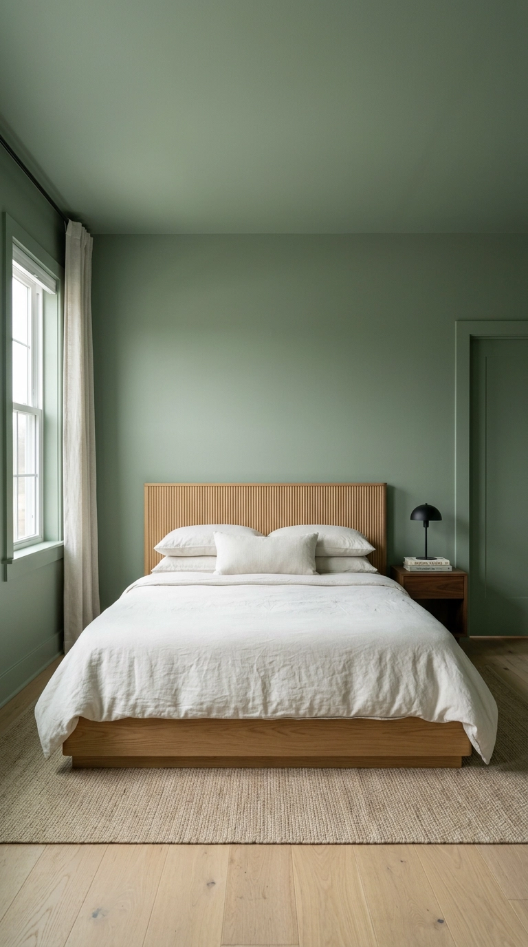 Full sage green color drenched bedroom with matching trim and ceiling