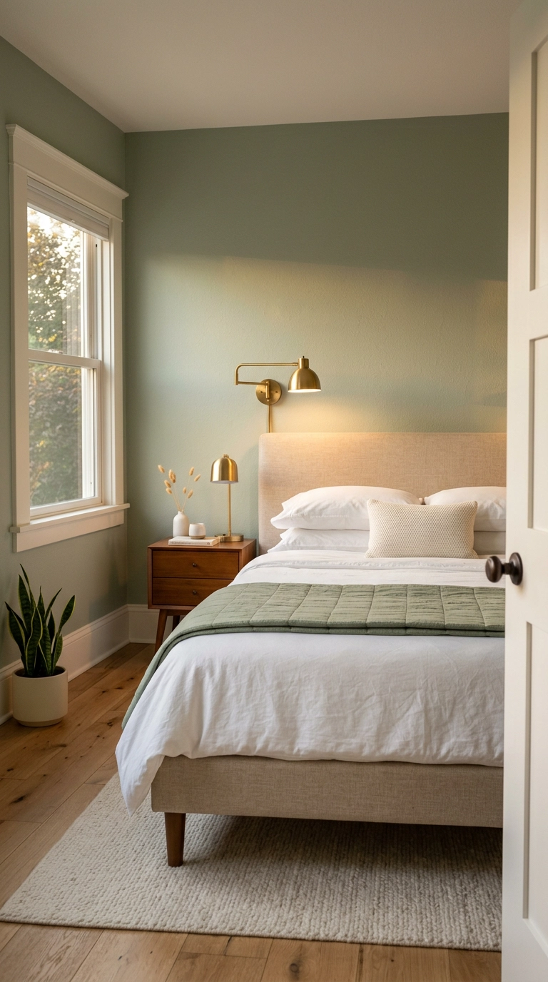 Sage green bedroom walls with warm white trim and a brass sconce
