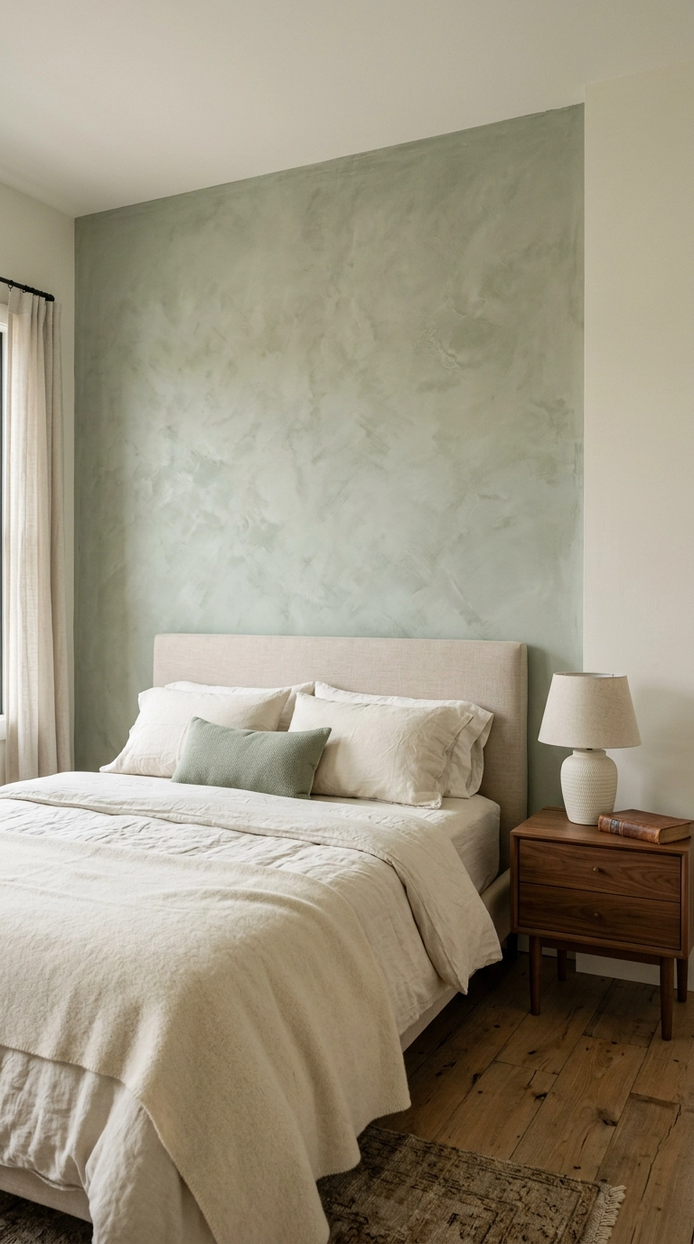 Limewash sage green plaster accent wall behind a bed