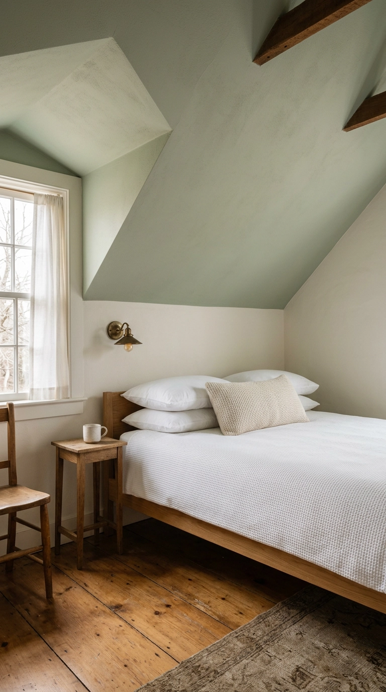 Sage green painted bedroom ceiling above warm white walls