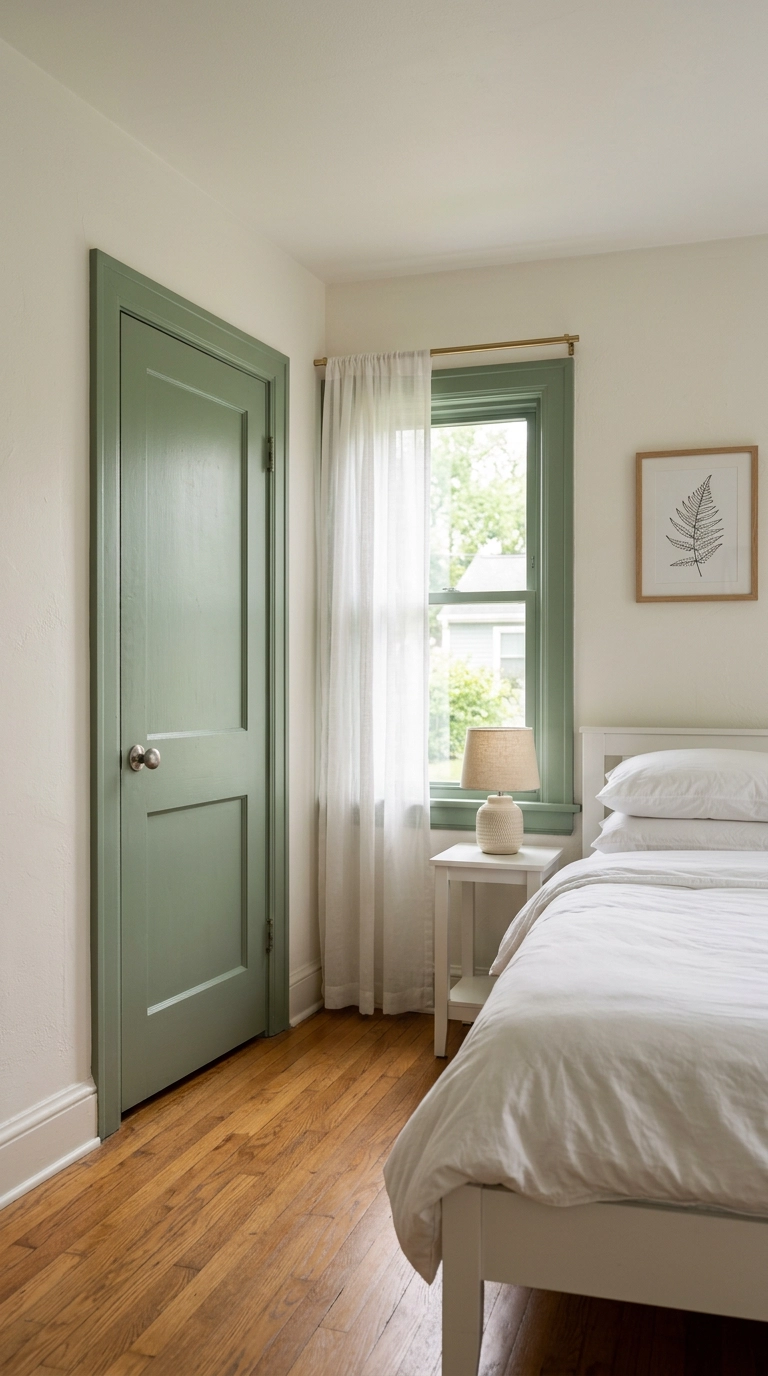 Sage green painted bedroom door and window trim against white walls