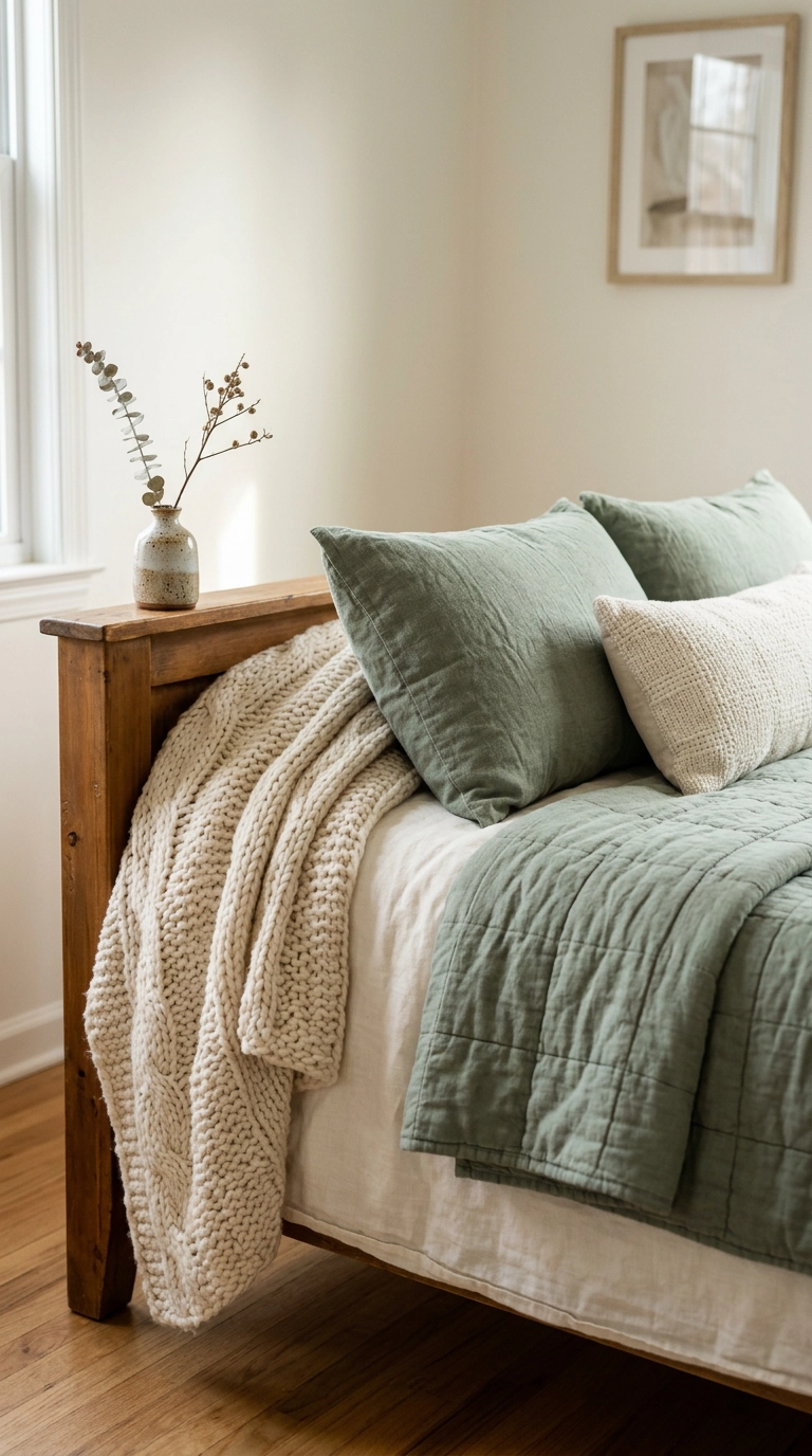 Close-up of layered sage and cream bedding textures at the foot of a bed