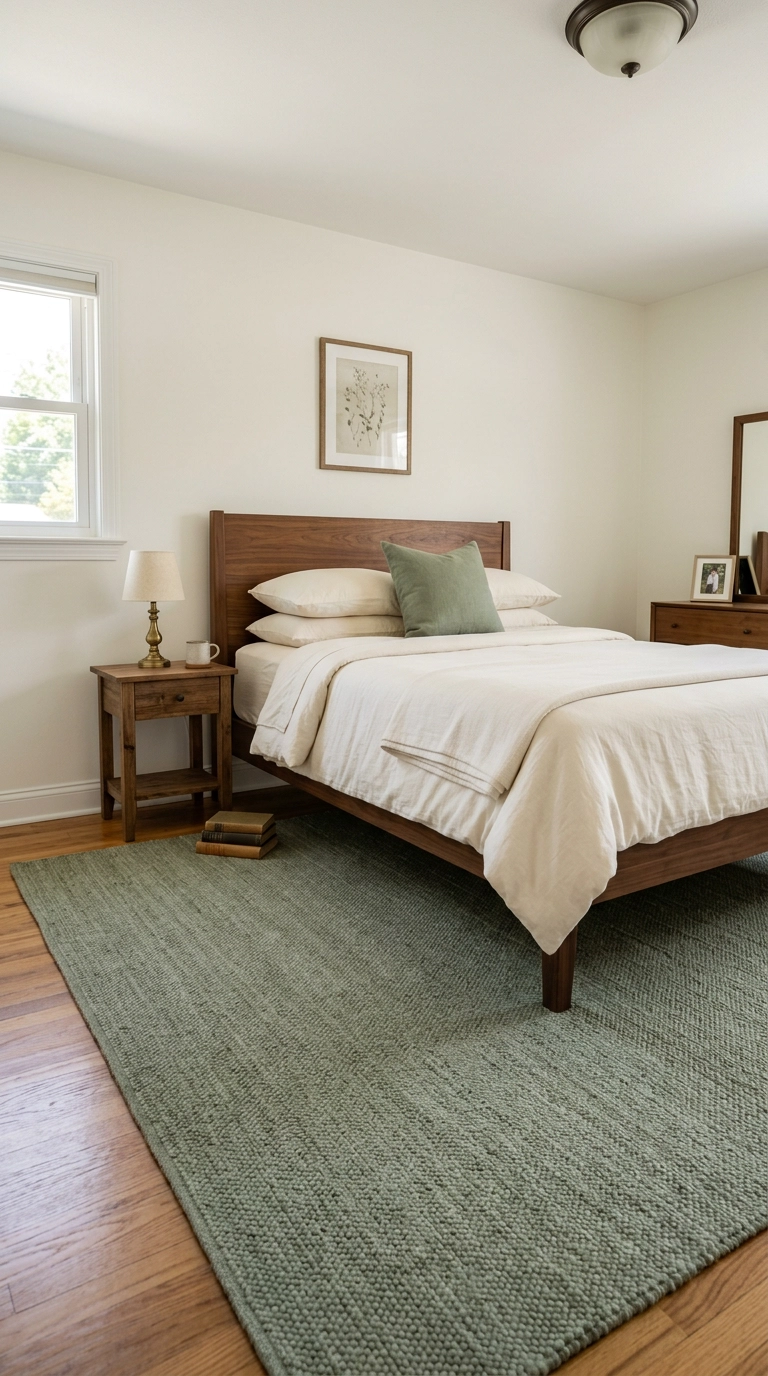 Large sage green rug under a bed with the front legs sitting on it
