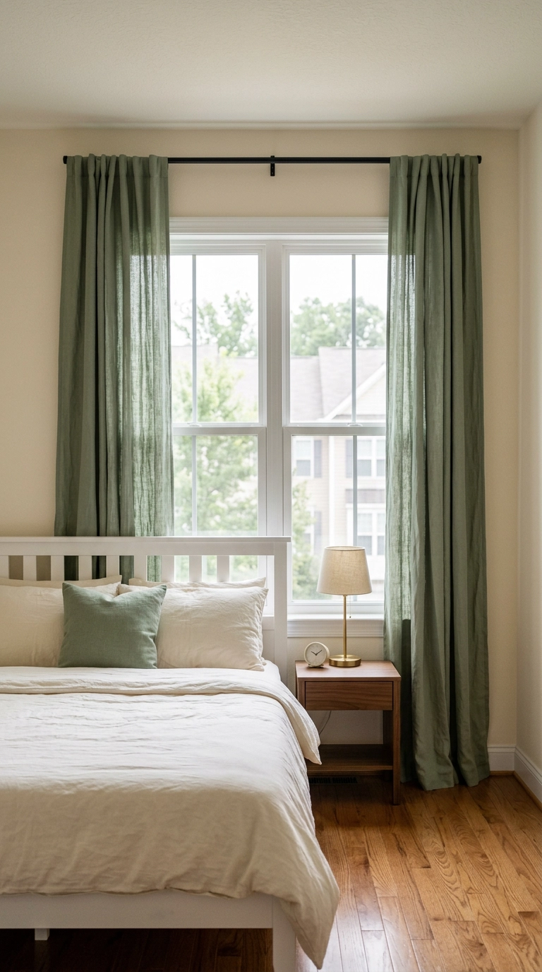 Floor-length sage green linen curtains hung high above a bedroom window