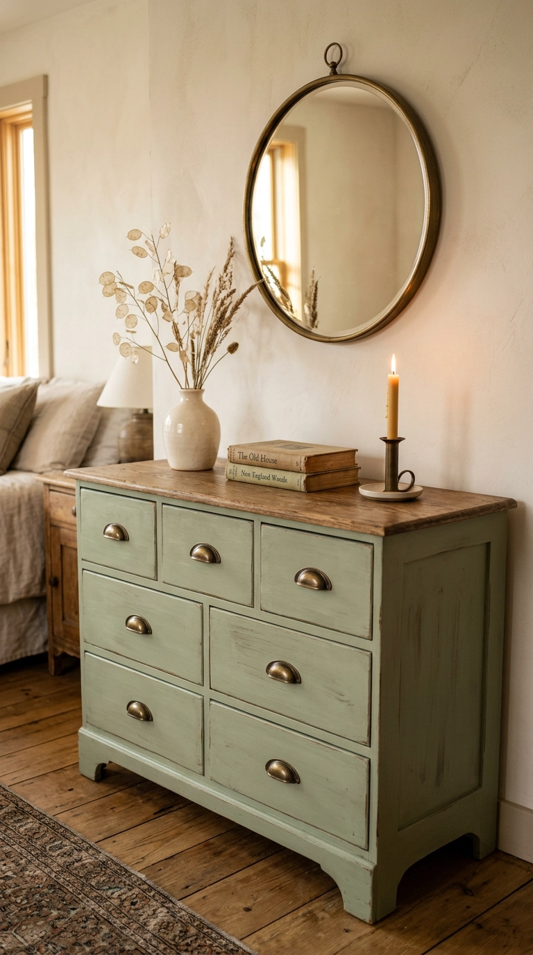 Vintage dresser painted sage green with aged brass hardware