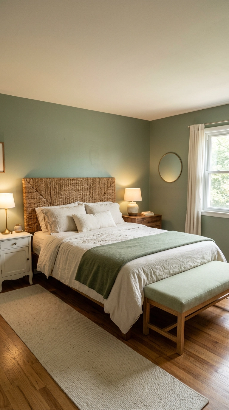 Mismatched nightstands and rattan headboard in a sage green bedroom