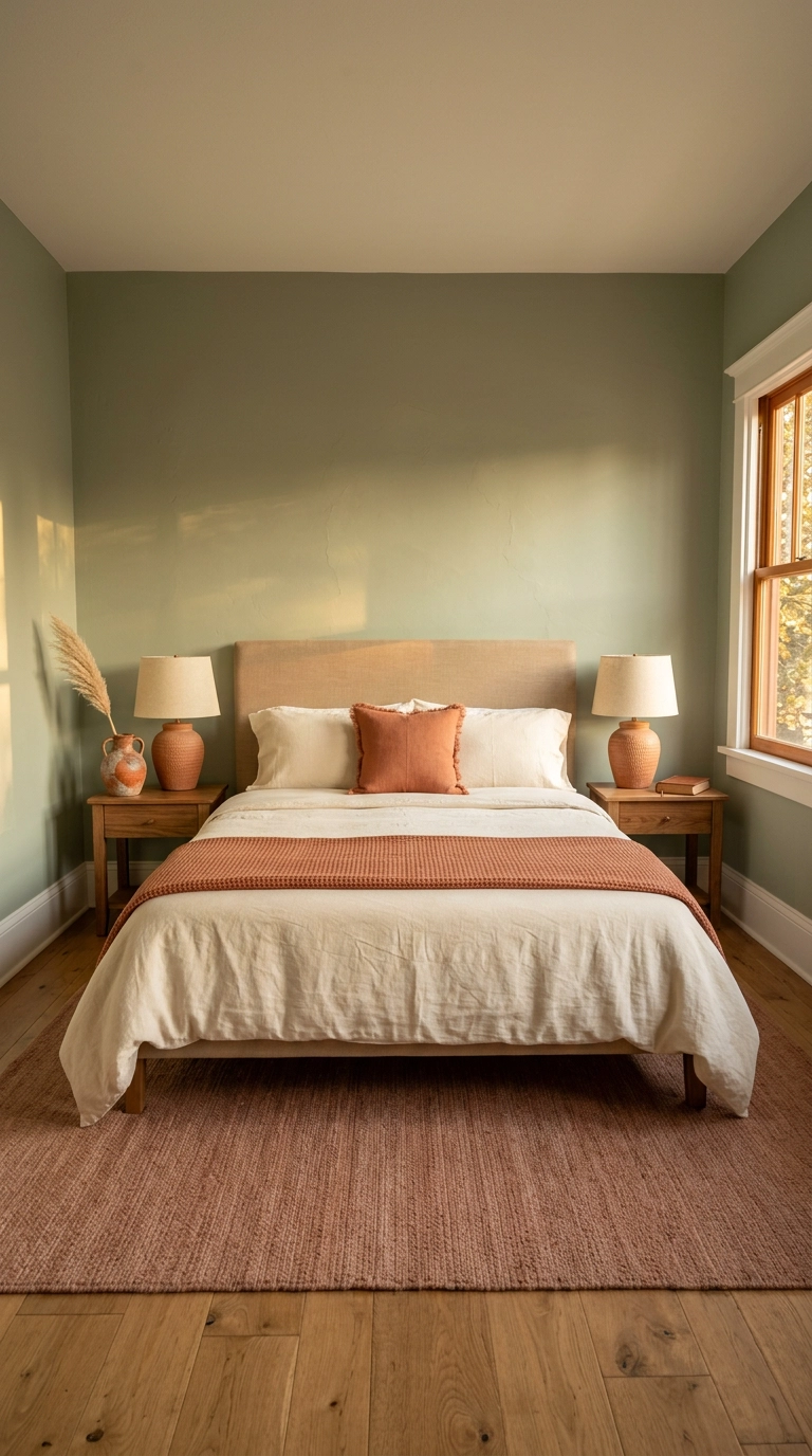 Sage green walls with terracotta pillows, throw, and lamp bases