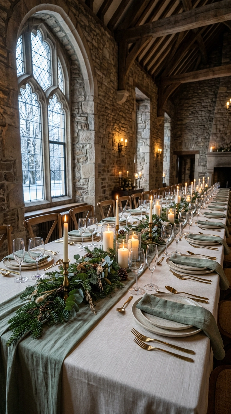 Winter wedding table with sage runner, noble fir garland, and ivory pillar candles