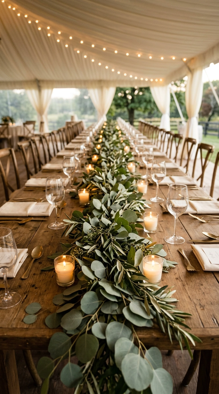 Eucalyptus and olive branch garland running down a bare wood wedding table with votives