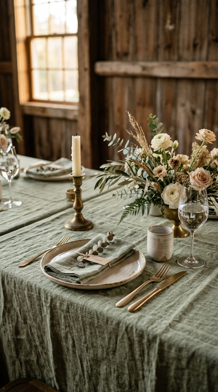 Slubby sage green linen tablecloth with cream stoneware and brass flatware in a barn venue