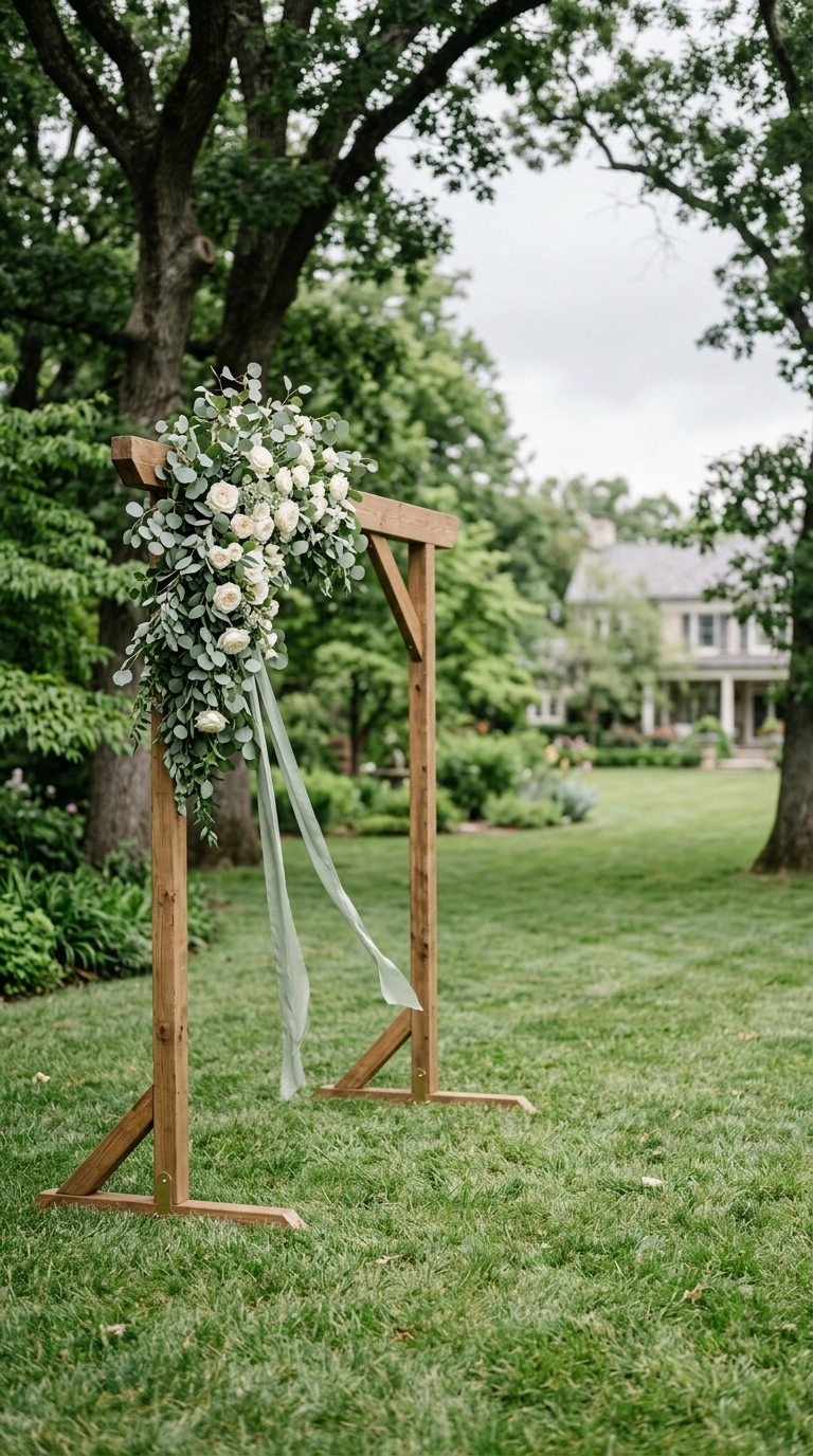 Asymmetric garden wedding arch with sage green ribbons, eucalyptus, and ivory roses