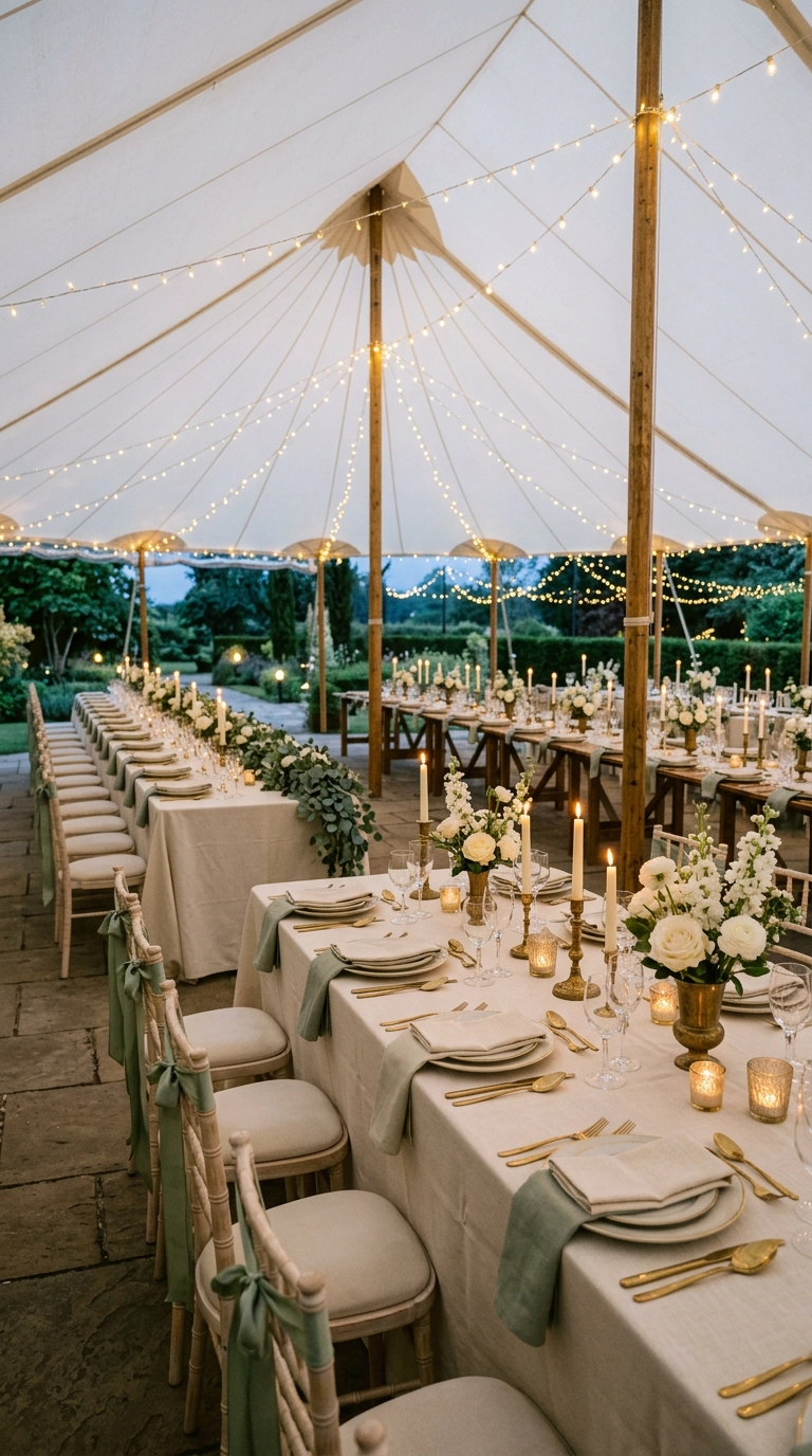 Wide view of a tented garden wedding reception with restrained sage green accents