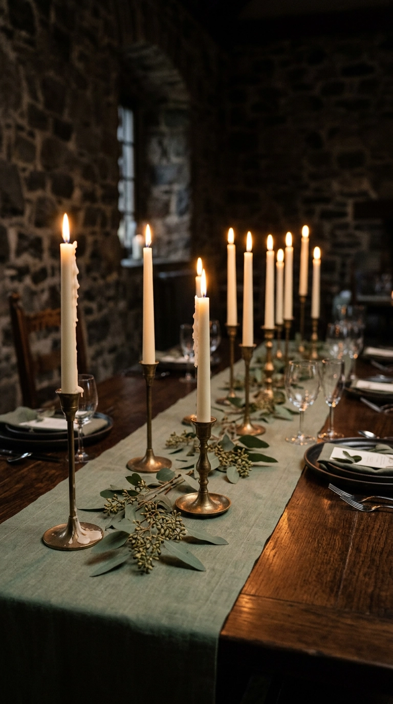 Ivory taper candles in brass holders on a sage green runner at a candlelit wedding table