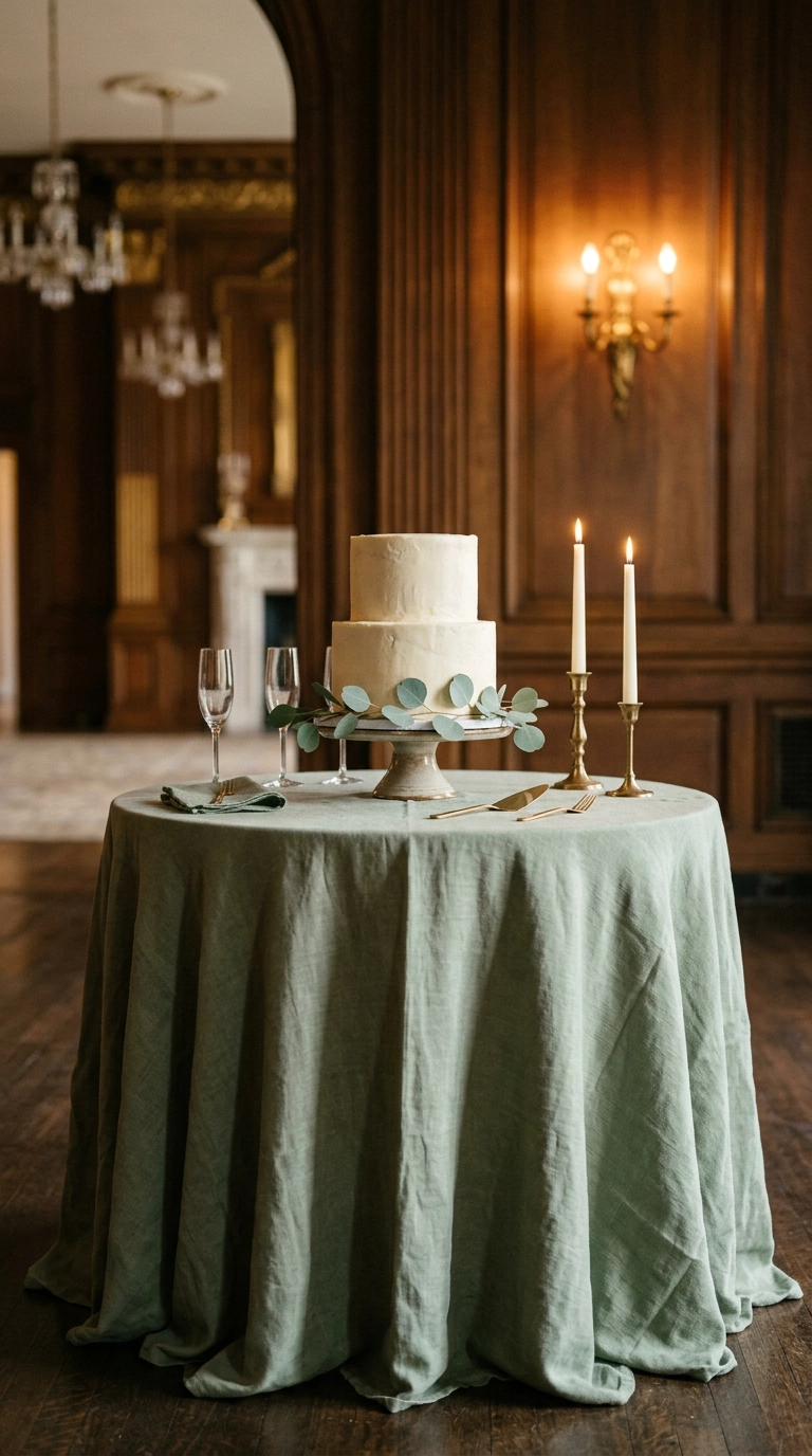 Two-tier ivory cake on a sage green draped table with eucalyptus and brass candles