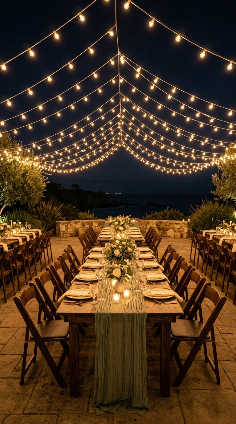 Warm string lights strung above a coastal wedding terrace with sage linen runners below