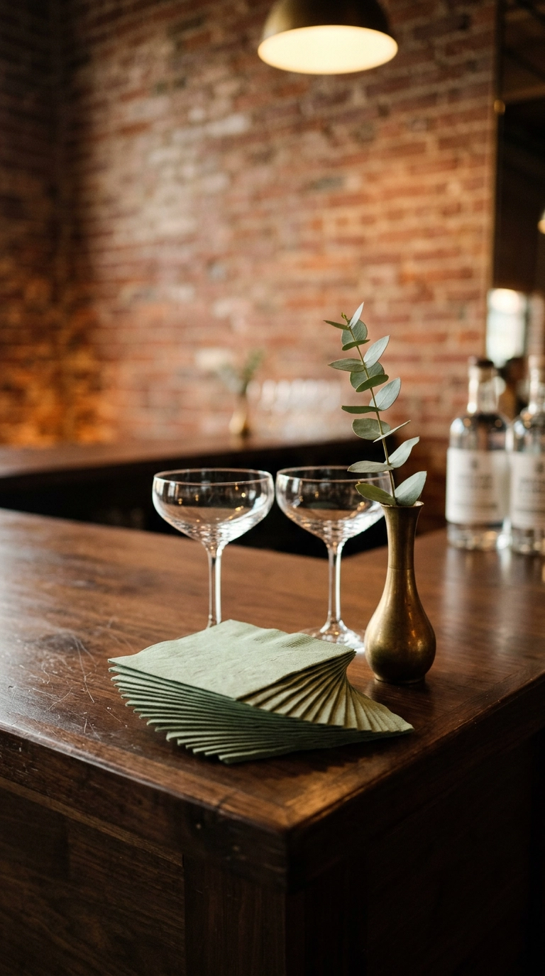 Fanned stack of sage green cocktail napkins on a walnut bar with coupe glasses
