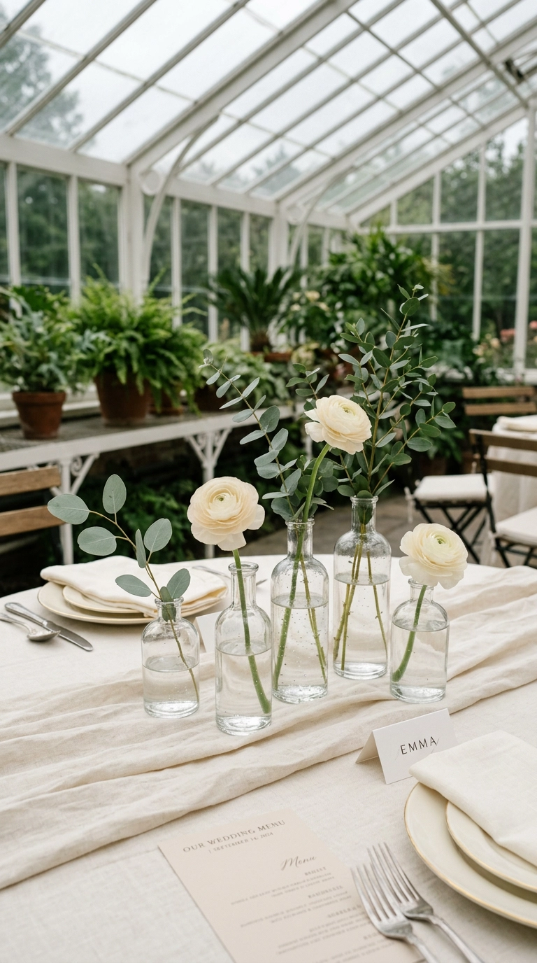 Cluster of five clear bud vases with eucalyptus and cream ranunculus on a wedding table