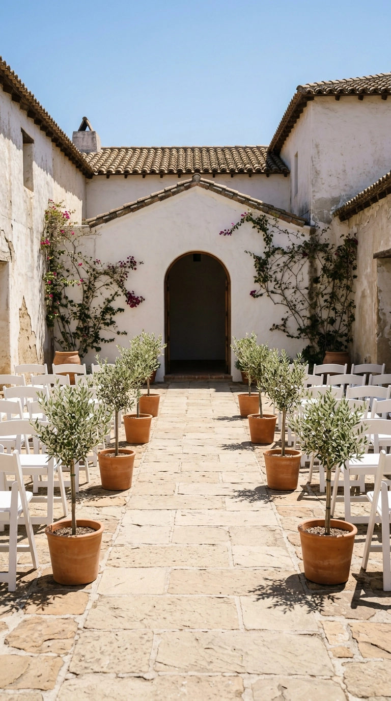 Stone wedding aisle lined with potted olive trees in terracotta pots at a courtyard venue