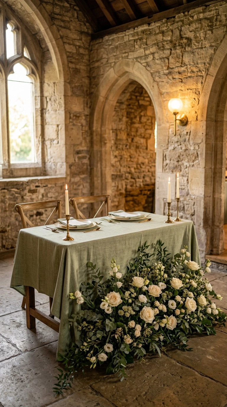 Sweetheart table with sage linen and a repositioned eucalyptus and ivory rose cluster
