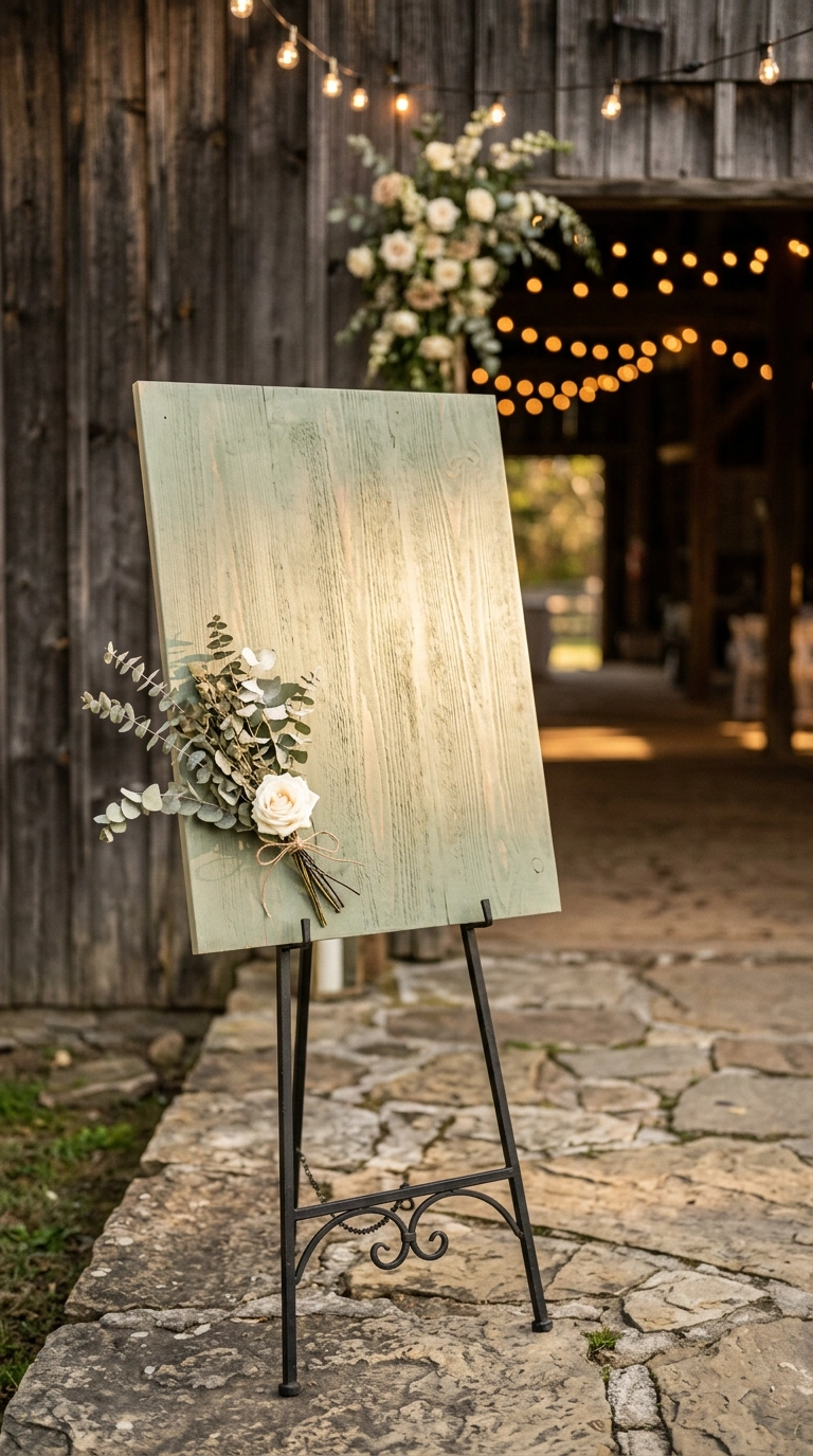 Sage-washed reclaimed wood sign board on an iron easel with eucalyptus at a barn entrance