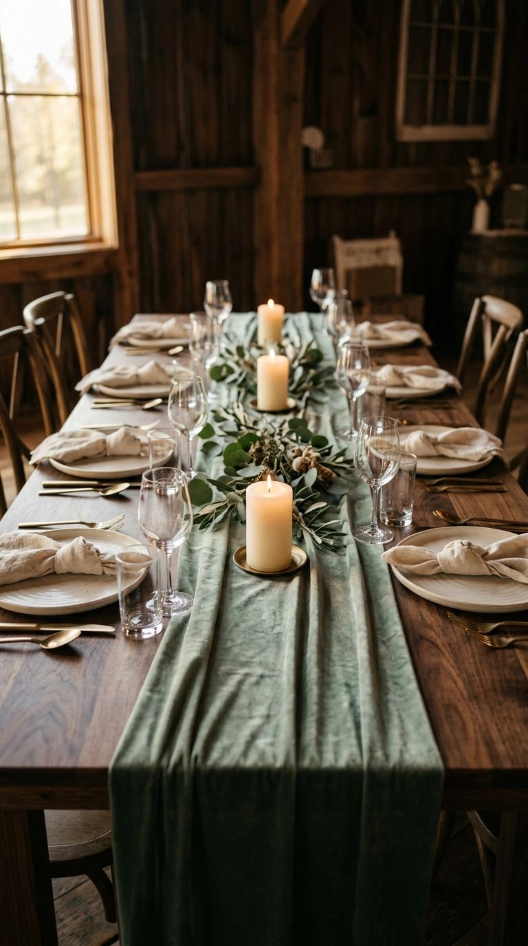 Sage green velvet runner down a bare walnut table with cream stoneware and brass flatware