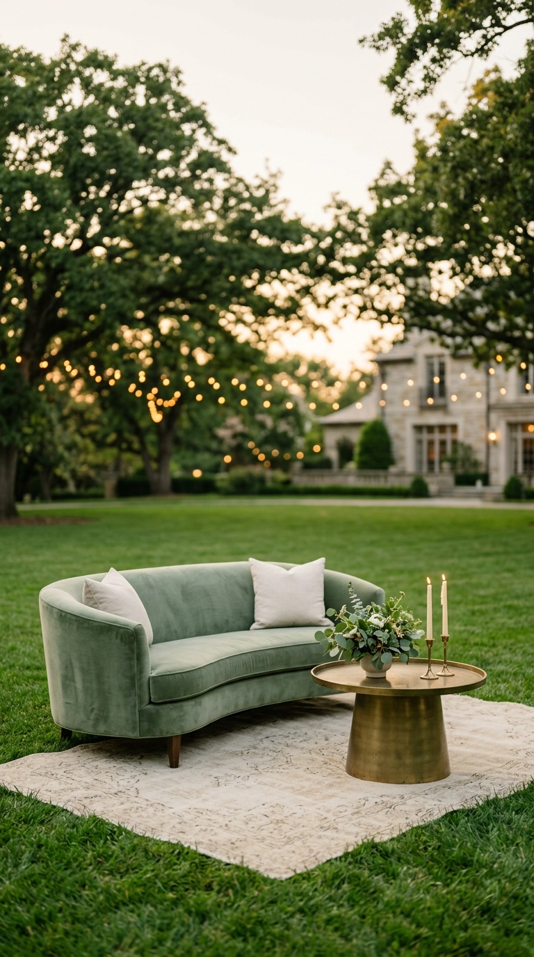 Sage green velvet sofa in an outdoor wedding lounge with brass table and taper candles