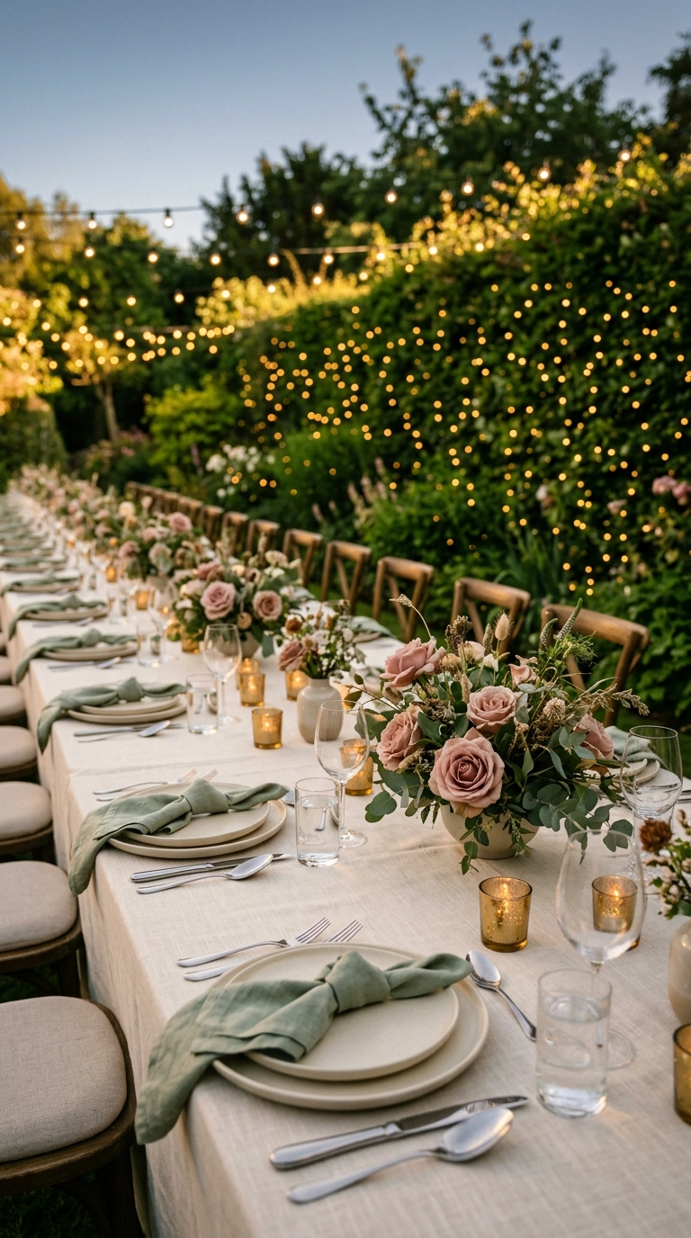 Garden wedding table with sage napkins, dusty rose garden roses, and brass votives at dusk