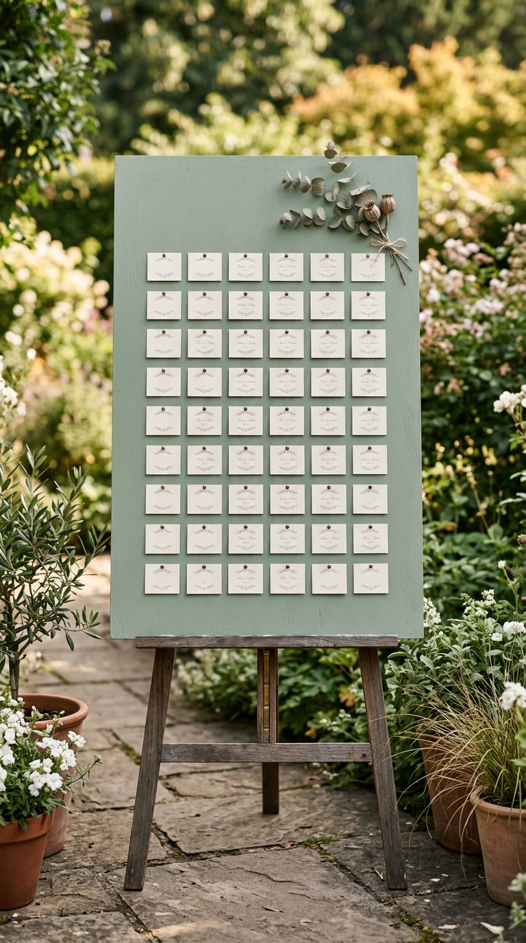 Sage green painted board with rows of cream escort cards pinned in columns