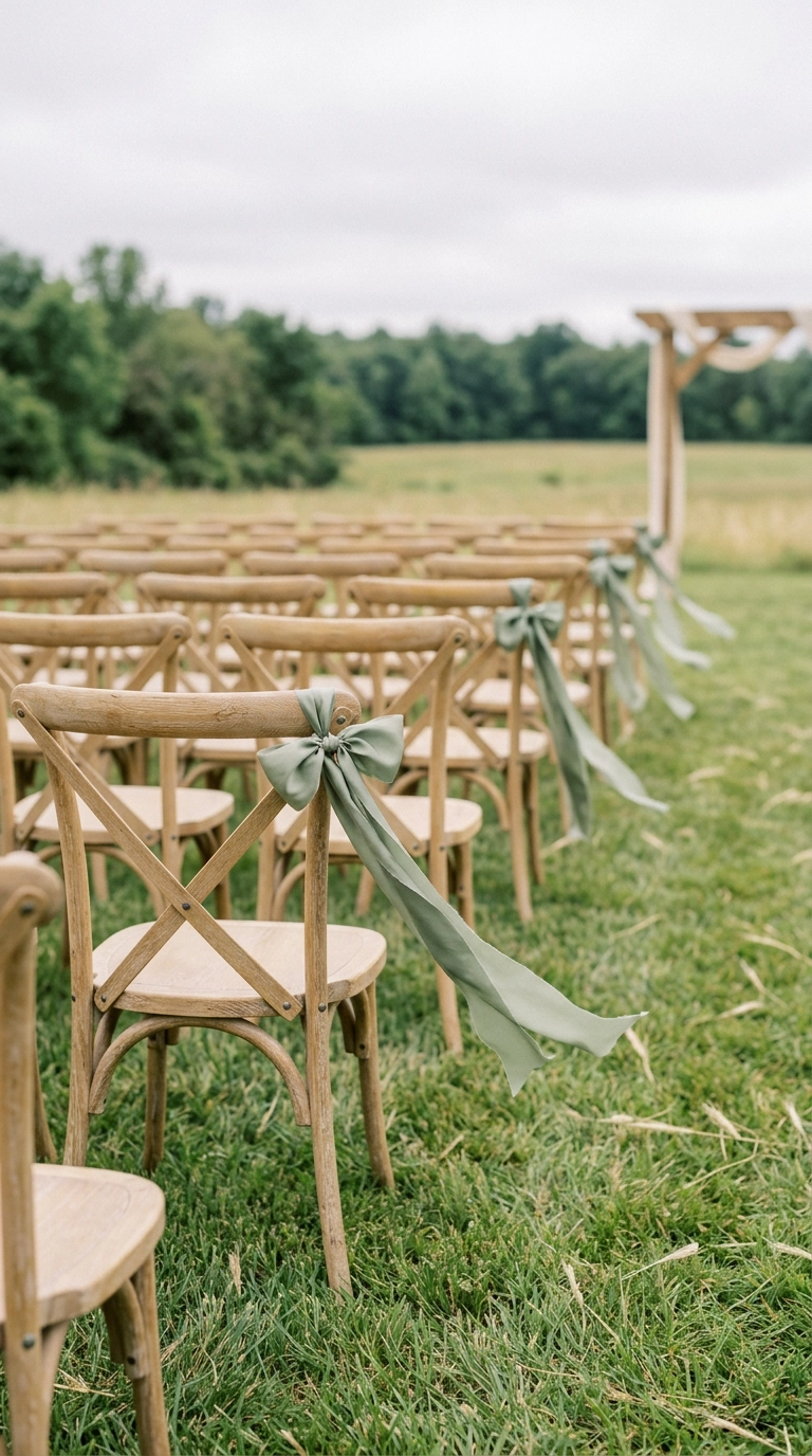 Wooden ceremony chairs with loose sage green silk ribbon ties along the aisle