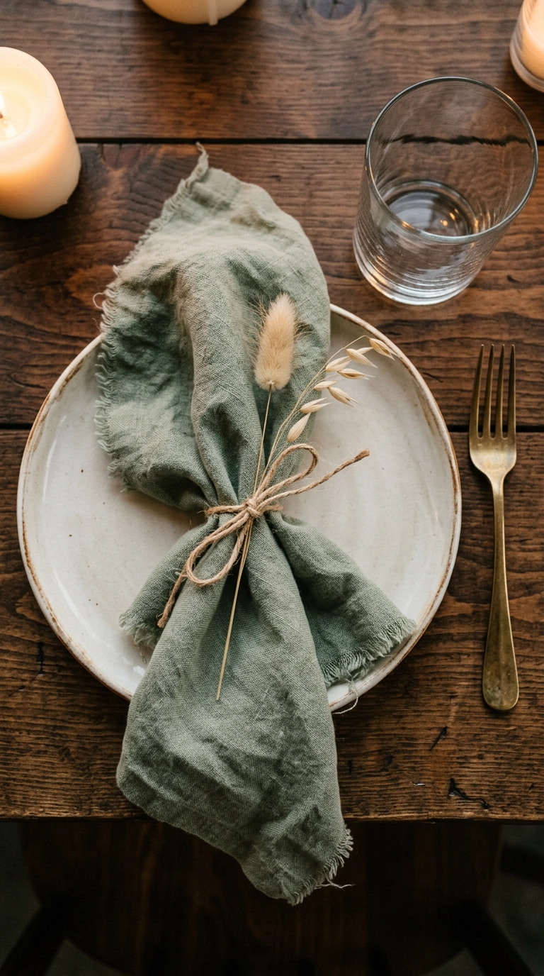 Sage green linen napkin with a dried grass stem tie on a cream plate