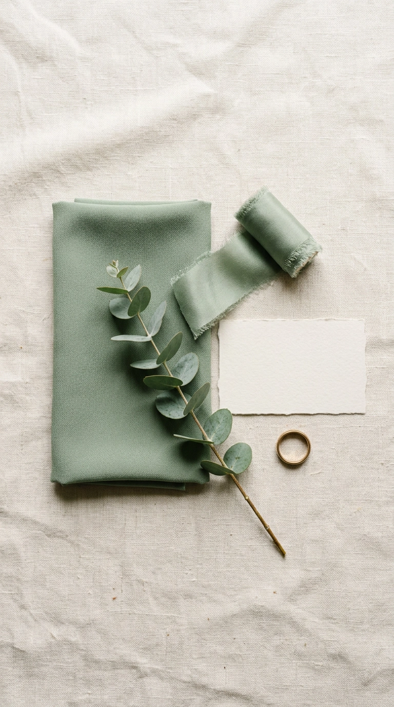 Sage silk swatch, ribbon, and cream place card in a wedding flat lay with eucalyptus