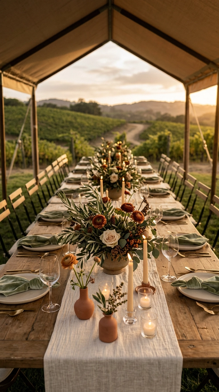 Vineyard wedding table with sage green napkins, olive branches, and terracotta bud vases at dusk