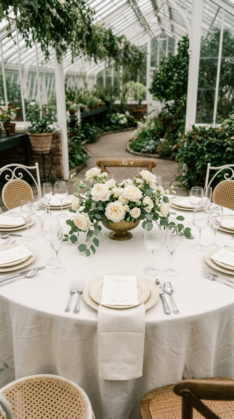 Low sage and ivory garden-style wedding centerpiece in a brass bowl inside a greenhouse