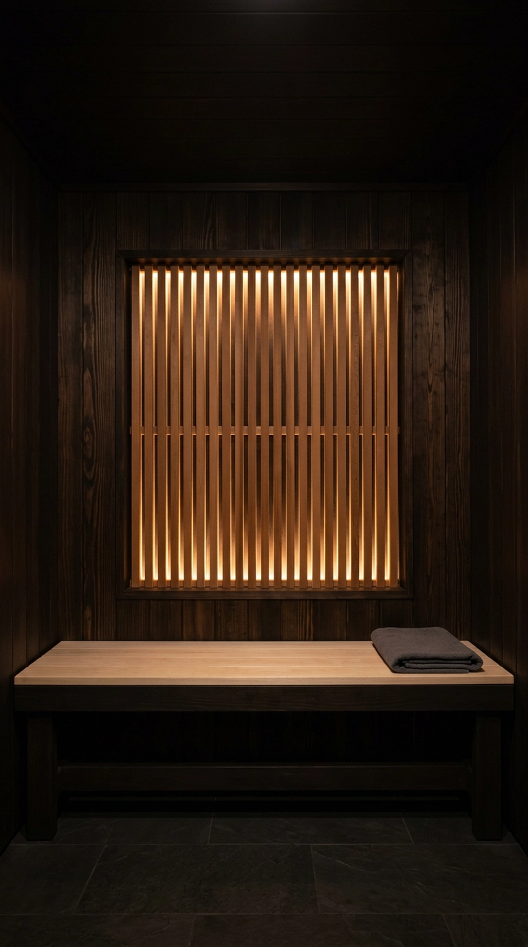 Backlit vertical cedar slat panel glowing behind a dark bench in a chocolate-toned sauna