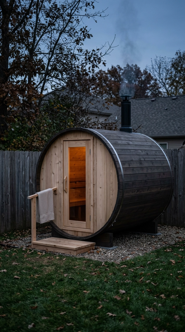 Charcoal-stained cedar barrel sauna glowing at dusk in the corner of a fenced backyard