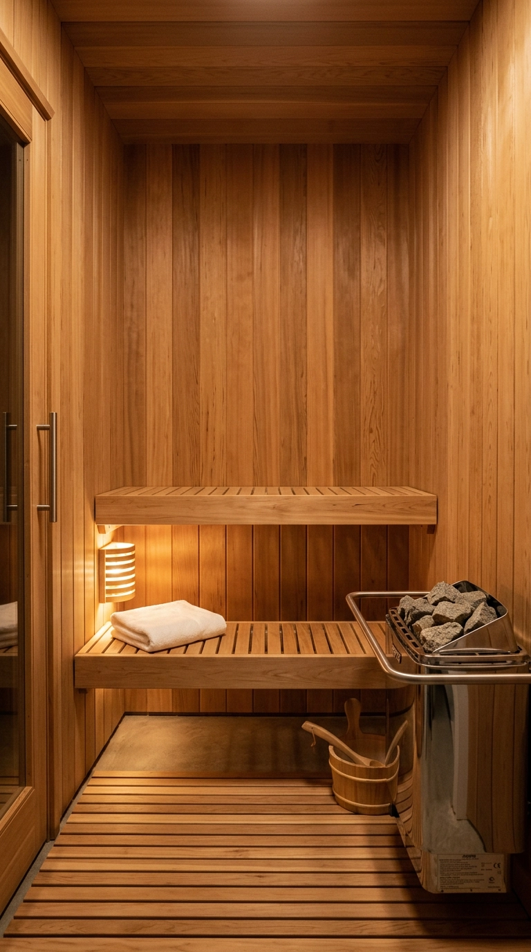 Small cedar sauna room with a floating two-tier bench and a corner heater lit by low warm light