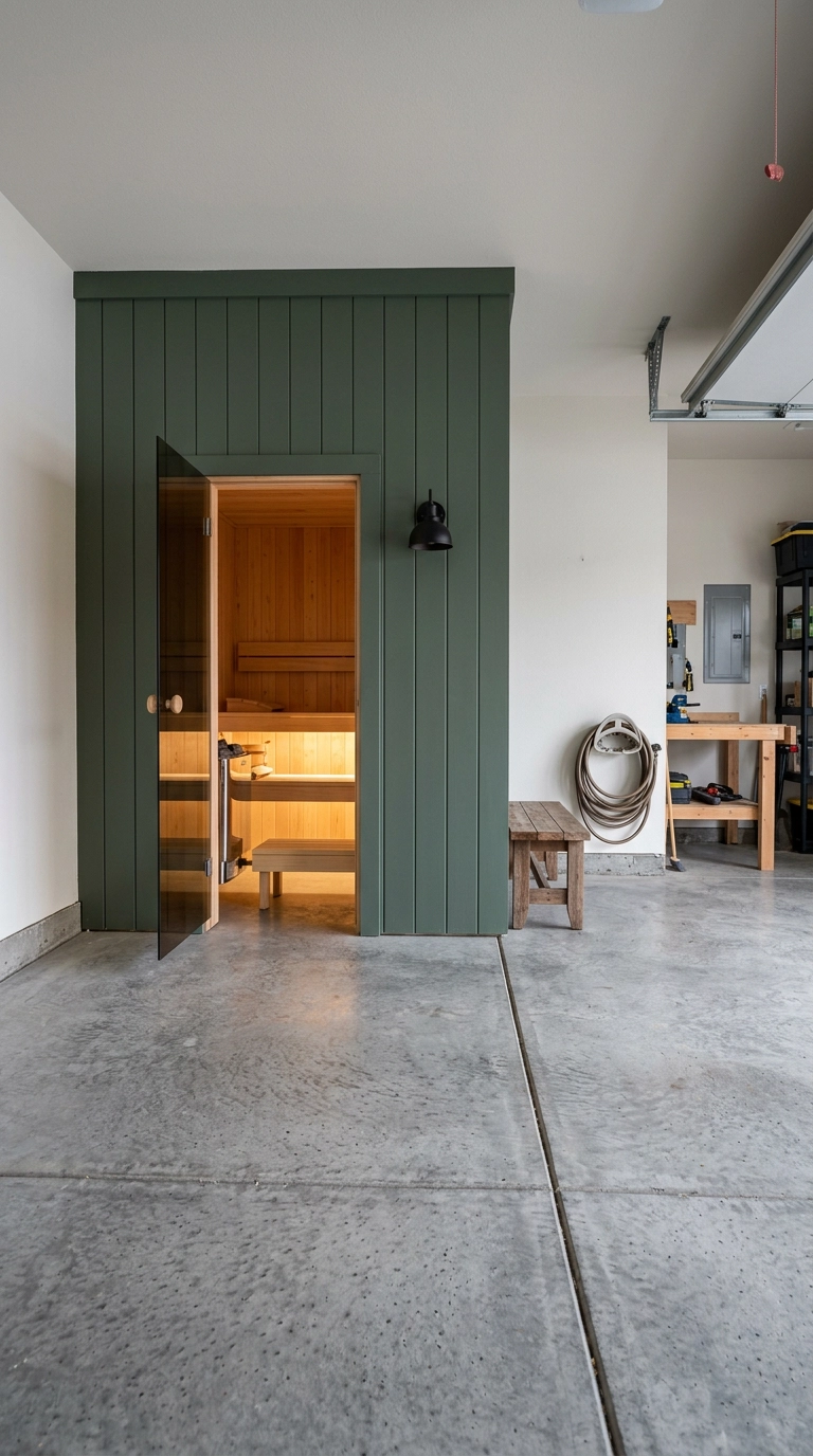 Green shiplap-clad sauna room built into a garage corner with pale spruce benches visible inside