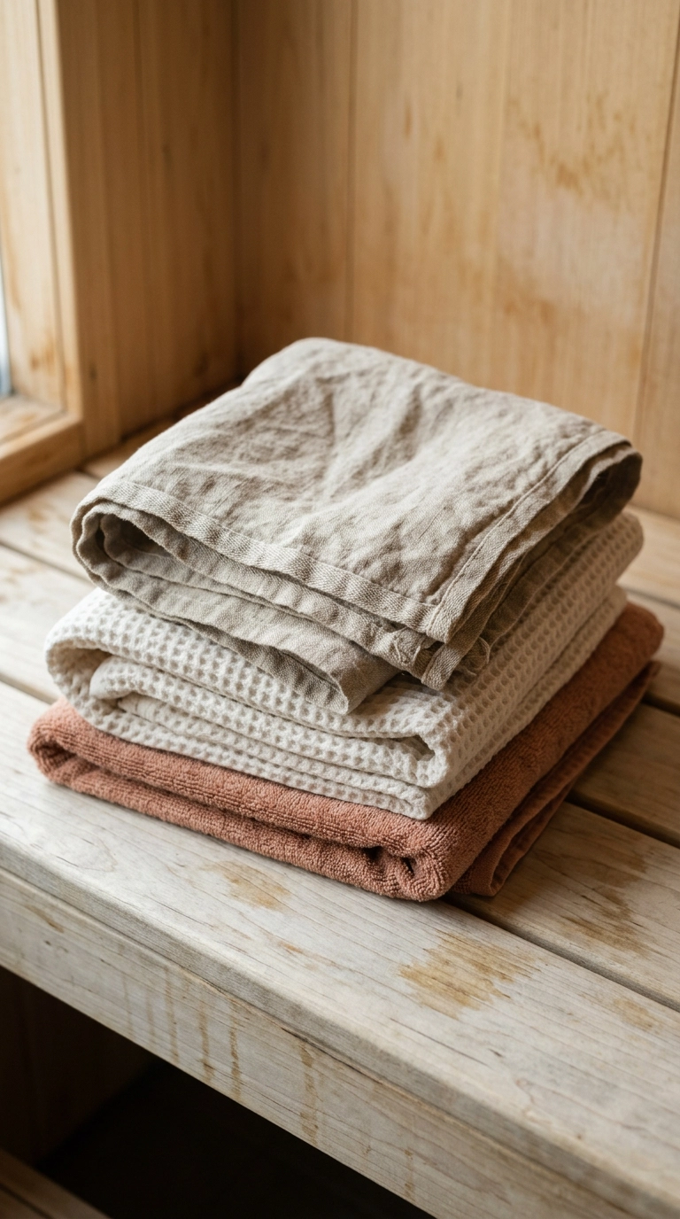 Stack of three linen and waffle-weave towels folded on a pale aspen sauna bench