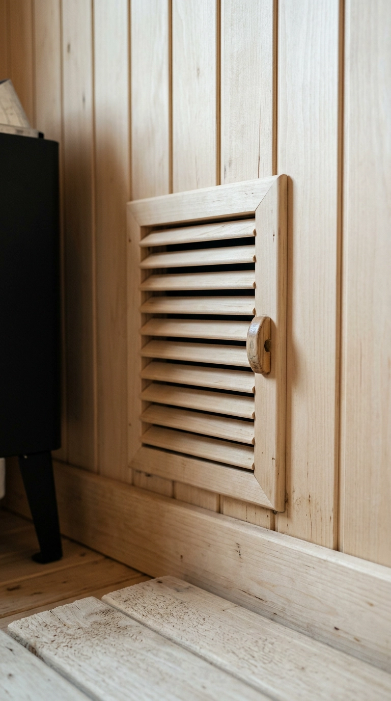Adjustable pale wood louvered vent cover set low in a sauna wall beside the heater base