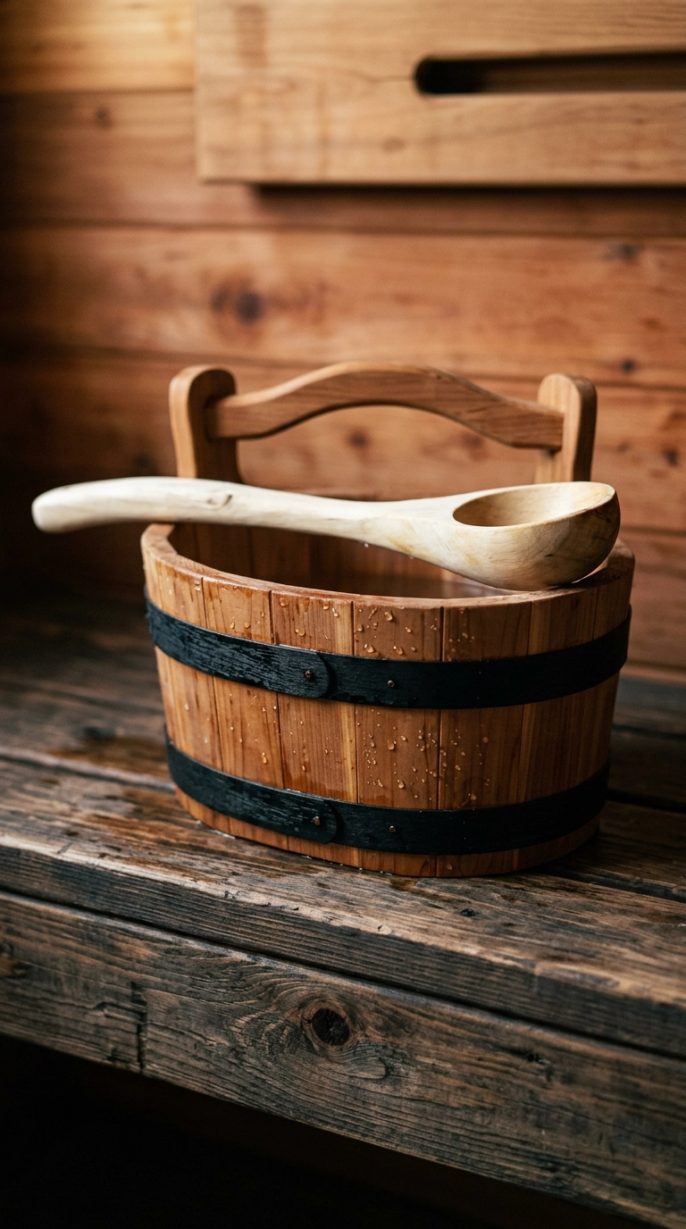 Cedar sauna bucket with black bands and a long birch ladle resting on a dark cedar bench