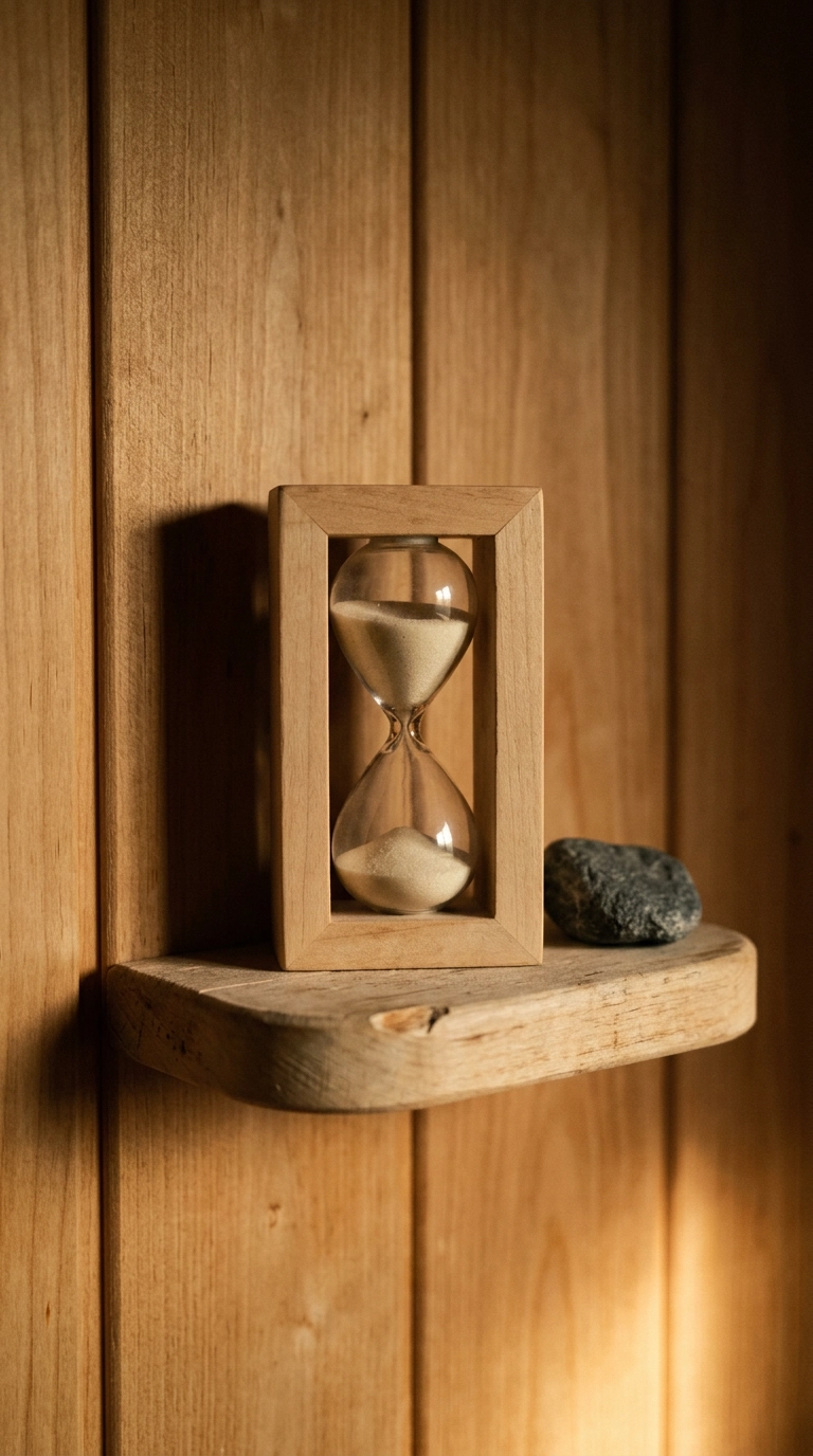 Wooden sand hourglass timer and a small stone on a narrow basswood ledge in a sauna